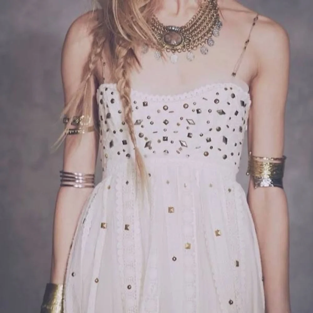 Free People Studded Lace Party Maxi Dress Cream White Bohemian Peasant sz 10 NEW - Picture 2 of 7